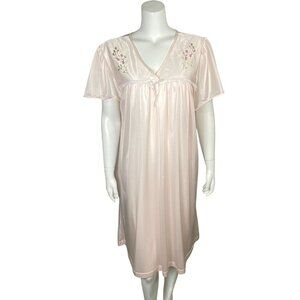 Vintage Simply Basic Pink Nylon Nightgown Size 2X Flutter Sleeve Floral V Neck